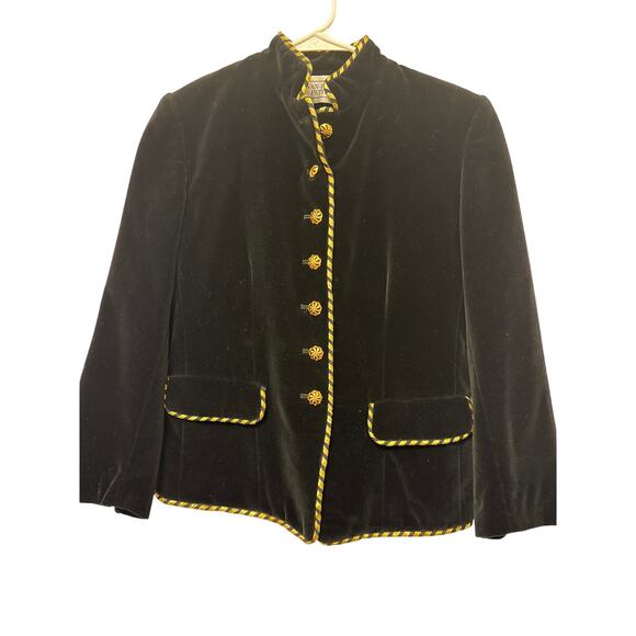 Evan Picone Petites Vintage Black Crushed Velvet Military Blazer Gold Detail MD - Picture 1 of 5